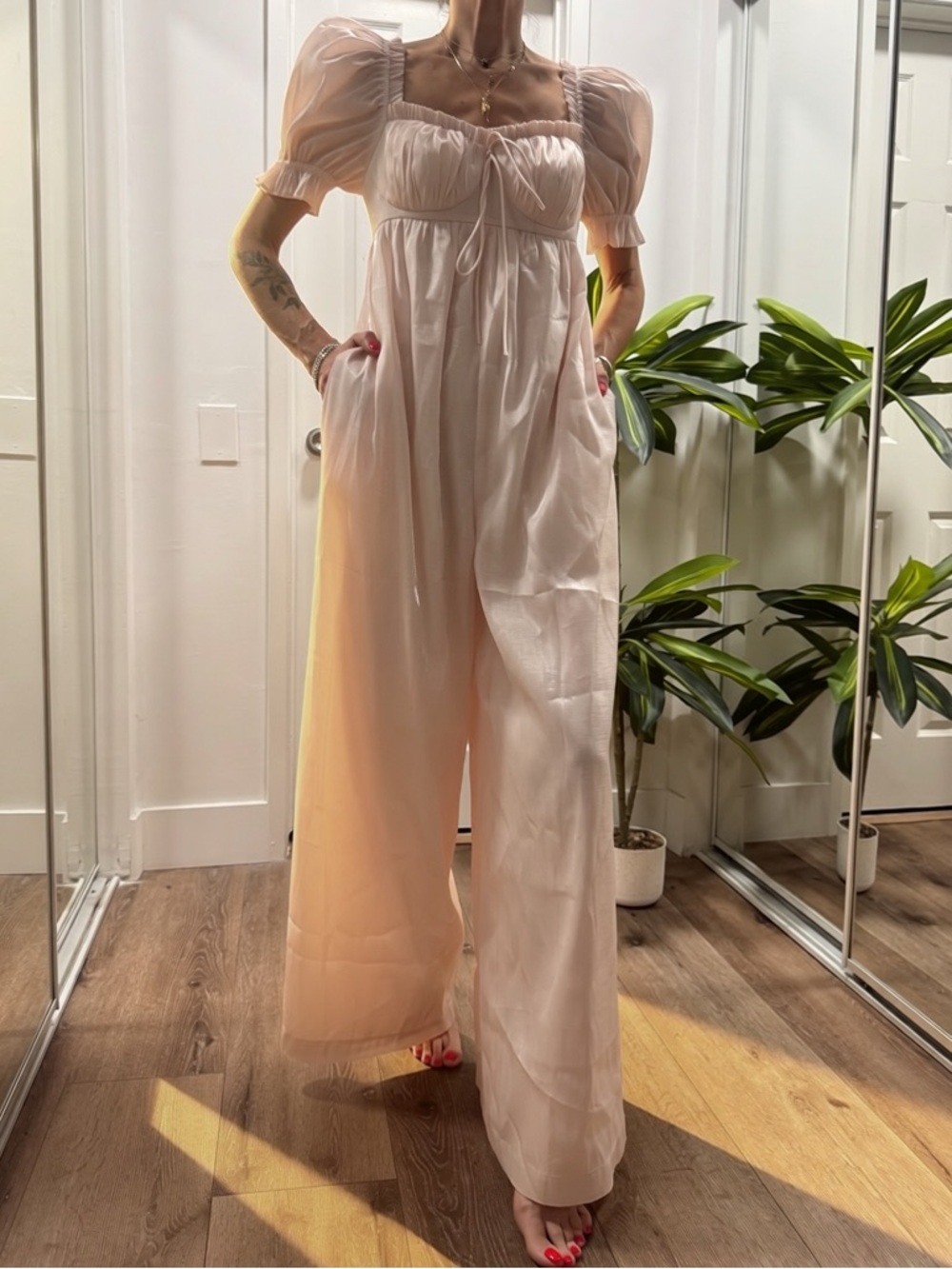 SELKIE Puff-Sleeve Wide-Leg silky Jumpsuit in Light Pink sz S